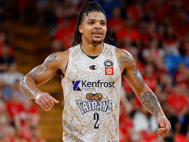 Rob Edwards of the Taipans reacts after a play during the round 18 NBL match between Perth Wildcats and Cairns Taipans at RAC Arena, on January 25, 2025, in Perth, Australia. (Photo by James Worsfold/Getty Images)