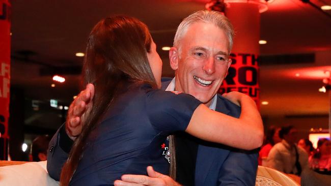 Jasmine Fleming celebrates with father Damien after being dradted. Picture: Michael Willson/AFL Photos via Getty Images