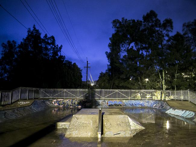 The Manly skate park sits submerged after heavy rain overnight caused flooding around Manly and the Manly dam to spill over. Photo: Chris McKeen