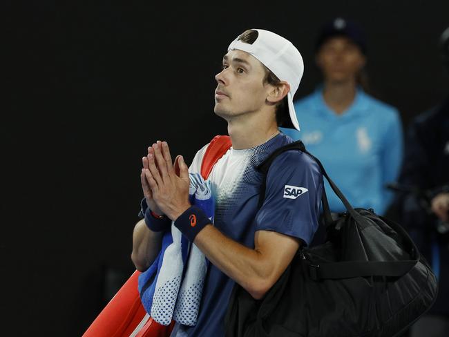 Not even divine intervention was going to help Alex de Minaur at Rod Laver Arena. Picture: Michael Klein