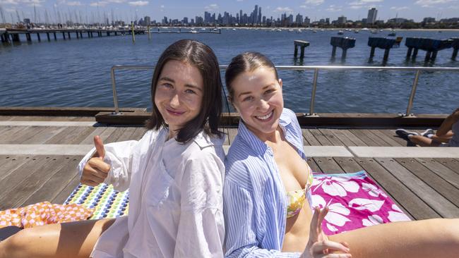 Sisters Emily and Lauren Henderson at Melbourne’s St Kilda Beach. Picture: Wayne Taylor