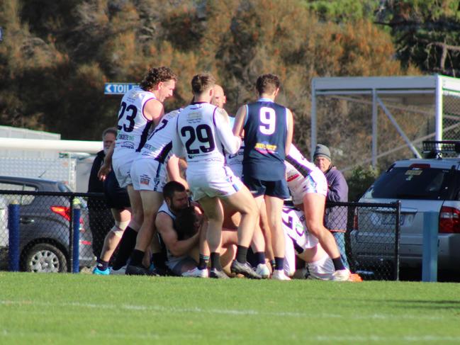 Things heat up on the cusp of half time between SFL rivals Cygnet and Lindisfarne. Picture: Jake Garland