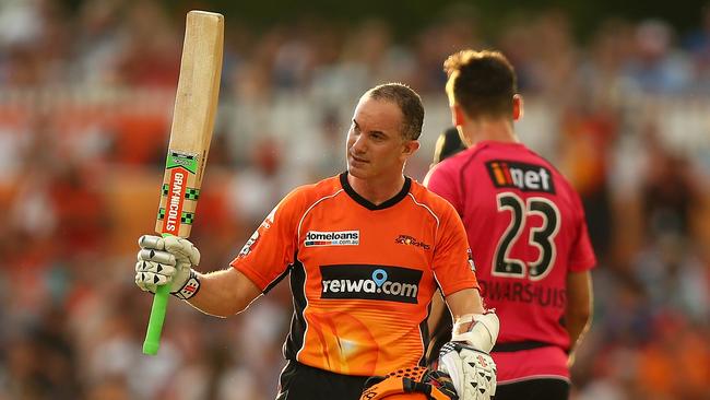 Michael Klinger celebrates a half century for the Scorchers. Picture: Paul Kane/Getty Images