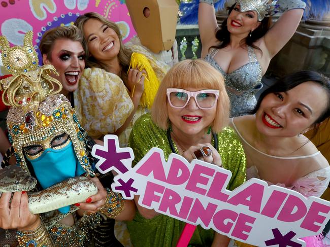 2 December, 2021: Heather Croall - Adelaide Fringe Director and CEO with Fringe Ambassadors Reuben Kaye and Diana Nguyen with Fringe performers at the Adelaide Fringe 2022 program official launch. Photo kelly Barnes