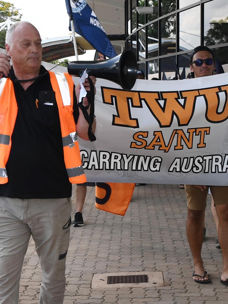 Barry Norton TWU NT official leadsa previous protest. Picture Katrina Bridgeford.