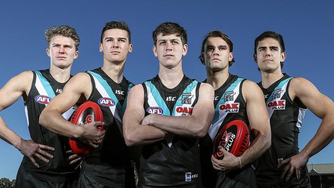 Xavier Duursma, Connor Rozee, Zak Butters along with fellow 2018 draftees Jake Patmore and Joel Garner, in their rookie season, 2019. Picture SARAH REED