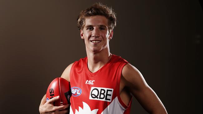 Number 5 draft pick Dylan Stephens of the Sydney Swans poses for a photograph during the first round of the 2019 AFL Draft at Marvel Stadium in Melbourne, Wednesday, November 27, 2019. (AAP Image/Scott Barbour) NO ARCHIVING