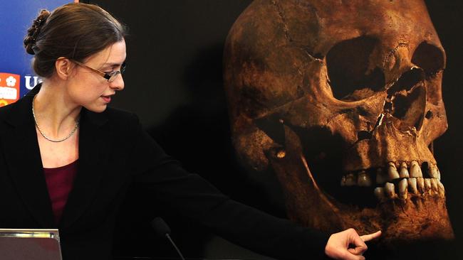 Jo Appleby, a lecturer in Human Bioarchaeology, at University of Leicester, School of Archaeology and Ancient History, who led the exhumation of the remains, during a dig at Leicester's Greyfriars car park, speaking at the university, as tests have established that a skeleton found under the car park, is that of King Richard III.   (Photo by Rui Vieira/PA Images via Getty Images)