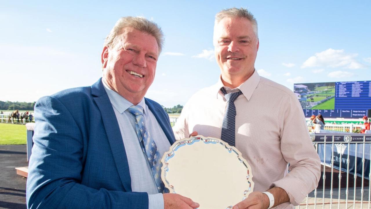 Owner of Amelia’s Jewel Peter Walsh (left) with trainer Simon Miller (right).