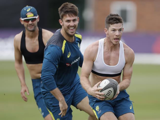 DERBY, ENGLAND - AUGUST 28: Tim Paine of Australia plays Touch Rugby match during the Australia Nets Session at The County Ground on August 28, 2019 in Derby, England. (Photo by Ryan Pierse/Getty Images)