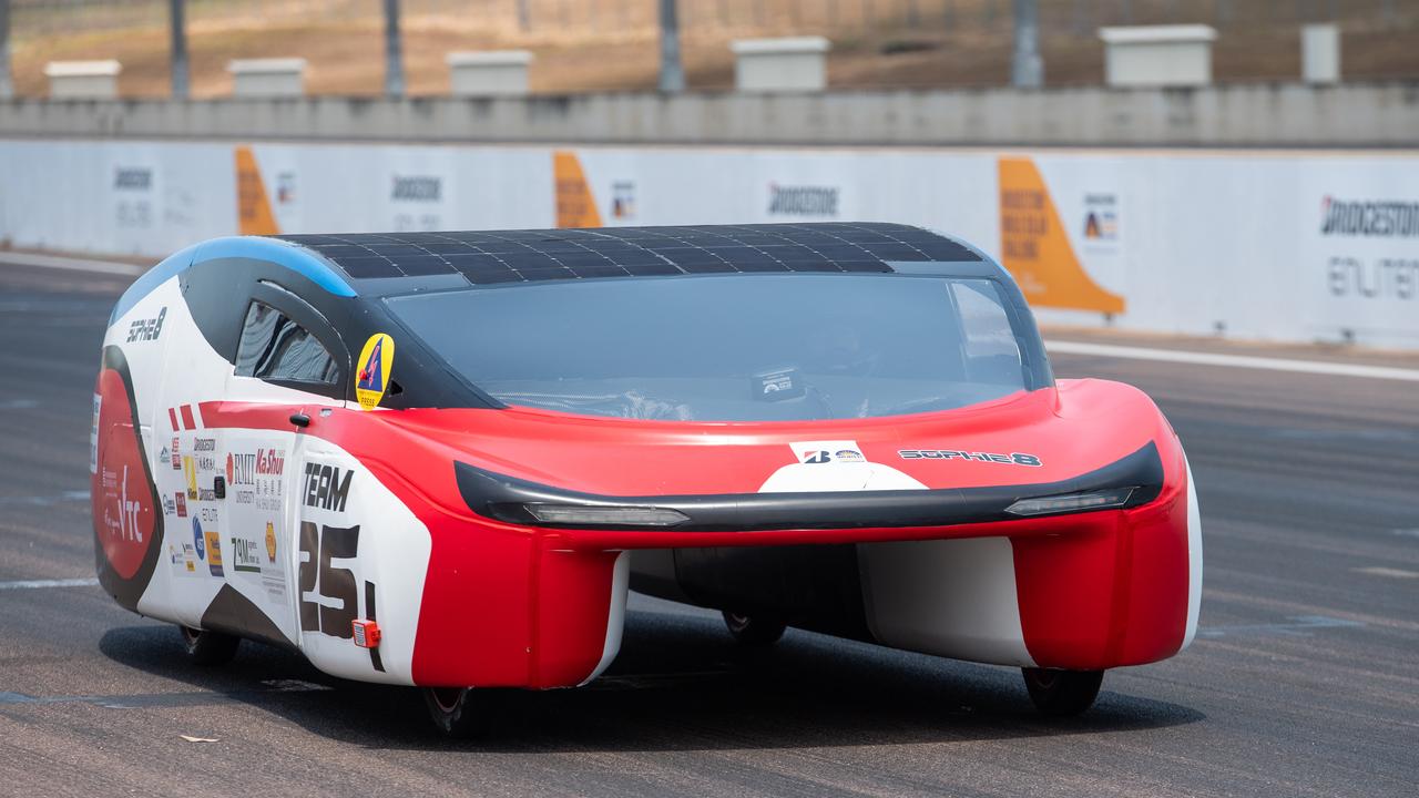 Hongkong VTC Solar Car getting ready for the lap of 2023 Bridgestone World Solar Challenge, Hidden Valley Raceway, Saturday, October 21, 2023. Picture: Pema Tamang Pakhrin.