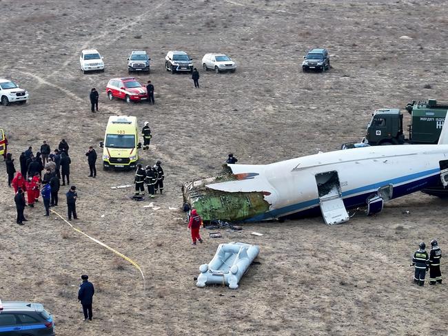 The wreckage of Azerbaijan Airlines Embraer 190 lays on the ground near the airport of Aktau, Kazakhstan. Picture: AP