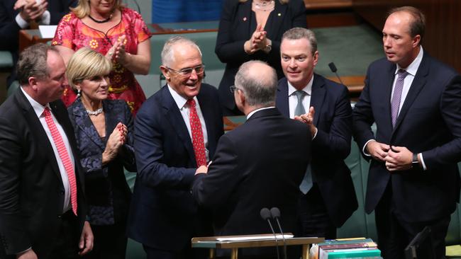 Malcolm Turnbull and his senior ministers congratulate Treasurer Scott Morrison after his Budget Speech in Parliament House on Tuesday night. Picture: Kym Smith