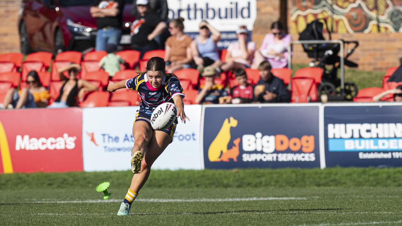 Abbey Markey converts for Highfields against Gatton in TRL Women grand final rugby league at Toowoomba Sports Ground, Saturday, September 14, 2024. Picture: Kevin Farmer