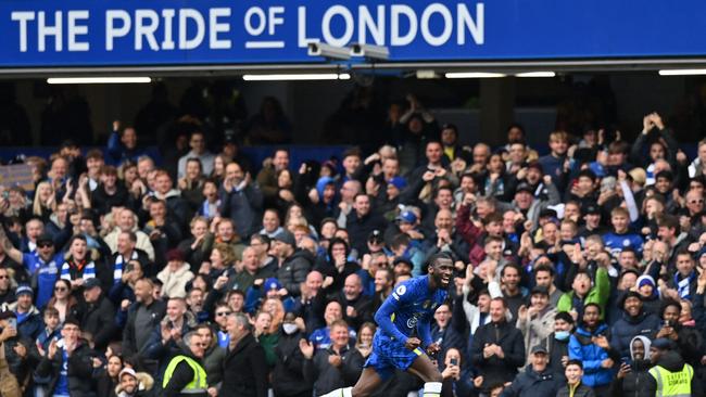 Chelsea defender Antonio Rudiger celebrates a goal against Brentford at Stanford Bridge on Saturday. Picture: AFP