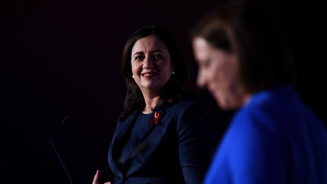 Queensland Premier Annastacia Palaszczuk (left) and opposition Leader Deb Frecklington engage in a leaders’ debate. Picture: NCA NewsWire / Dan Peled