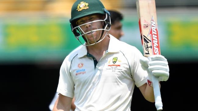 Australian batsman David Warner on reaching his half century  on day two of the first Test Match between Australia and Pakistan at the Gabba in Brisbane, Friday, November 22, 2019. (AAP Image/Dave Hunt) NO ARCHIVING, EDITORIAL USE ONLY, IMAGES TO BE USED FOR NEWS REPORTING PURPOSES ONLY, NO COMMERCIAL USE WHATSOEVER, NO USE IN BOOKS WITHOUT PRIOR WRITTEN CONSENT FROM AAP