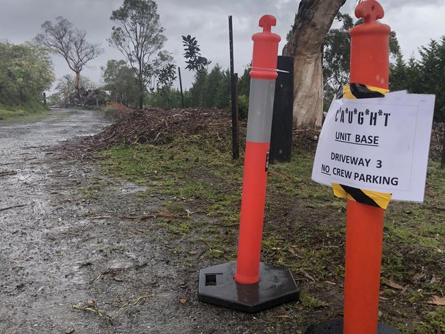 A makeshift sign, seen on Monday at a site on Booralie Rd, Terrey Hills, associated with the production of a new six-part TV streaming series "C*A*U*G*H*T, starring Sean Penn, being filmed on location in the area. Picture: Jim O'Rourke