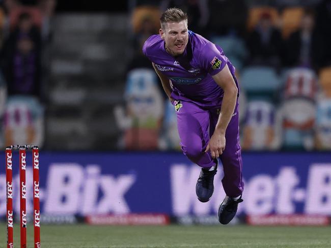 BBL 10 round one game between the Hobart Hurricanes v Sydney Sixers from Blundstone Arena, Hobart. Hurricanes James Faulkner bowls alongside Sixers Josh Philippe. . Picture: Zak Simmonds