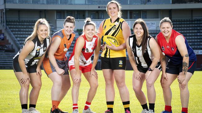 SFLW season launch at North Hobart. Division 1, Brieanna Barwick (Glenorchy), Kaylee Stubbs (South East Suns), Grace Mitchell (Clarence), Mikayla Absolom (Kingborough), Katie Stanford (Claremont) and Nicole Smith (North Hobart) Picture: Chris Kidd