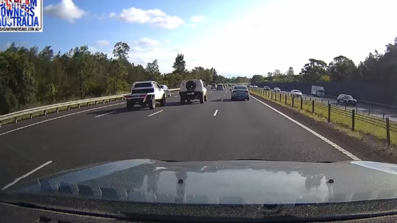 The moment a ute caused another vehicle to spin across a busy motorway in NSW has been captured on dashcam. Picture: Dash Cam Owners Australia Facebook