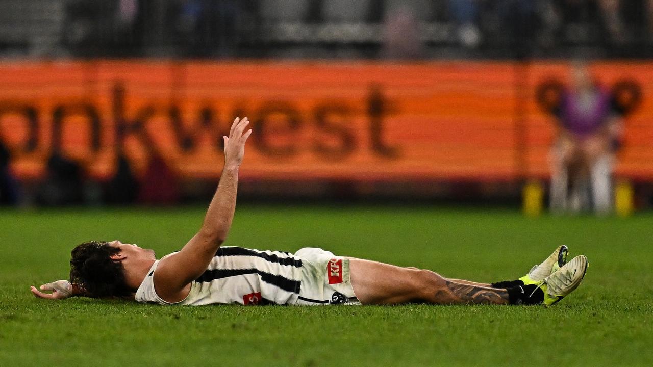 Lachie Schultz on the ground after the big hit against the Dockers. (Photo by Daniel Carson/AFL Photos via Getty Images)