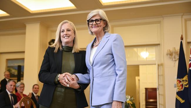 Finance and Public Service Minister Katy Gallagher shakes hands with Governor-General Sam Mostyn following her swearing-in at Government House last week. Picture: NewsWire / Martin Ollman