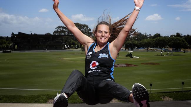 Home bounce: Strikers player Alex Price, having some fun on the BOUNCE airbags and trampolines that will be set up at Karen Rolton Oval for this weekends matches. Picture SARAH REED