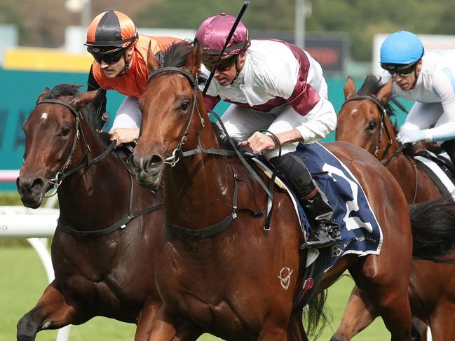 SYDNEY, AUSTRALIA - APRIL 26: Nash Rawiller riding  Grand Eagle win Race 1 ATC Bookmakers Recognition Day Handicap during Sydney Racing at Royal Randwick Racecourse on April 26, 2025 in Sydney, Australia. (Photo by Jeremy Ng/Getty Images)