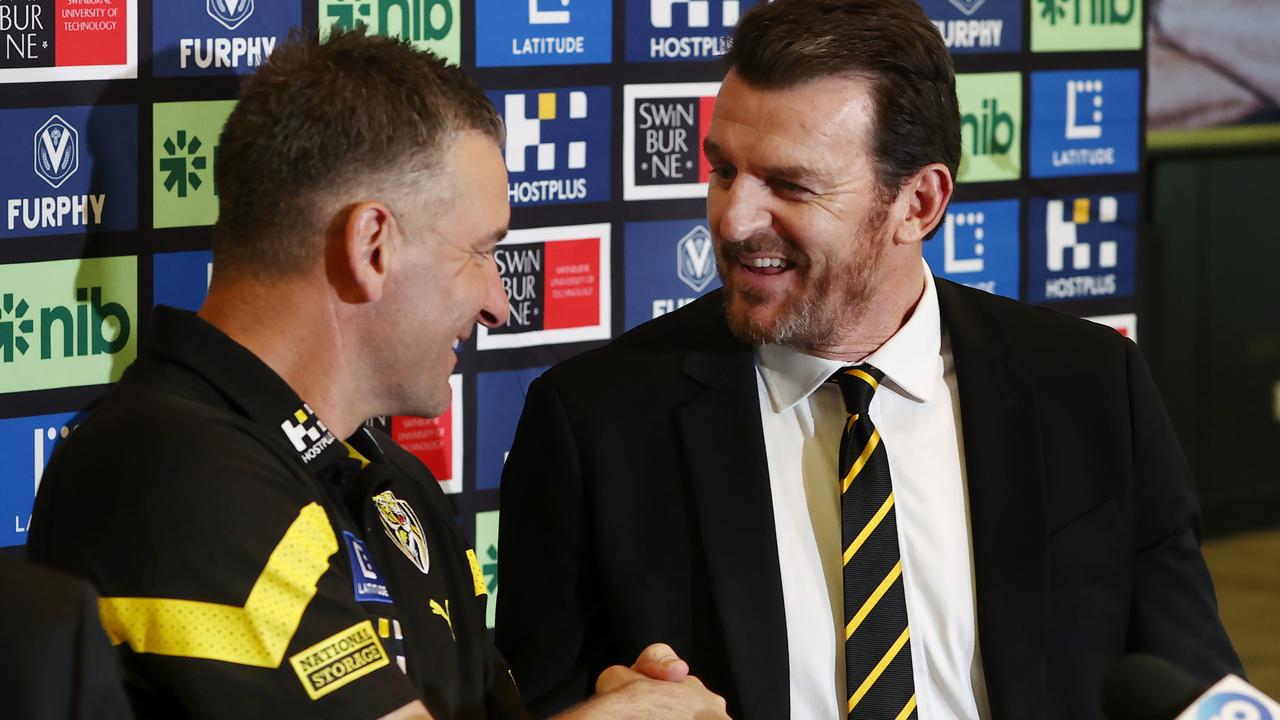 MELBOURNE, AUSTRALIA - September 22, 2023. AFL . New Richmond coach Adam Yze faces the media with president John O'Rourke and CEO Brendon Gale at the Tigers Punt Road headquarters. Photo by Michael Klein.