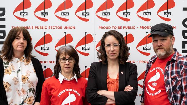 CPSU Organiser Lisa Ronneberg , Margaret Petrovic, Acting secretary Thirza and delegate Stewart Huxtable after speaking in Hobart on Wednersday, December 16, 2020. PHOTO: SUPPLIED.