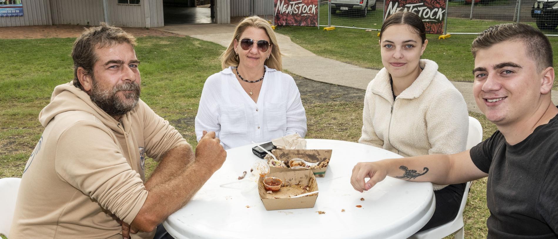 (from left) Ken Sadler, Sharlene Sadler, Jessica White and Dylan Sadler at Meatstock, Toowoomba Showgrounds. Saturday, April 9, 2022. Picture: Nev Madsen.