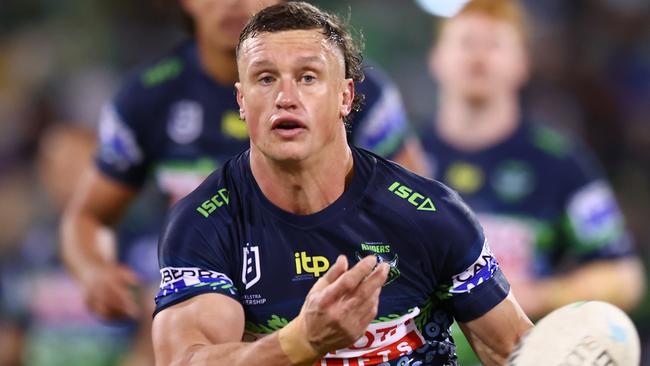 CANBERRA, AUSTRALIA - MAY 29: Jack Wighton of the Raiders passes during the round 12 NRL match between the Canberra Raiders and the Parramatta Eels at GIO Stadium, on May 29, 2022, in Canberra, Australia. (Photo by Mark Nolan/Getty Images)