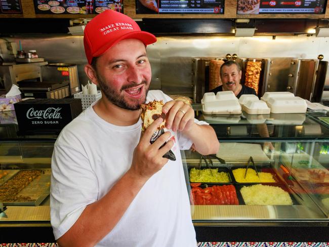 Daily Telegraph. 16, December, 2024.TikTok star, Oktay Sahin, with Adil Sen, at JohhnyÃs kebab shop, Liverpool, today. By day he is a risk analyst for a major banking corporation. By night, he's a TikTok star on a mission to rate every single kebab store in Sydney. Picture: Justin Lloyd.