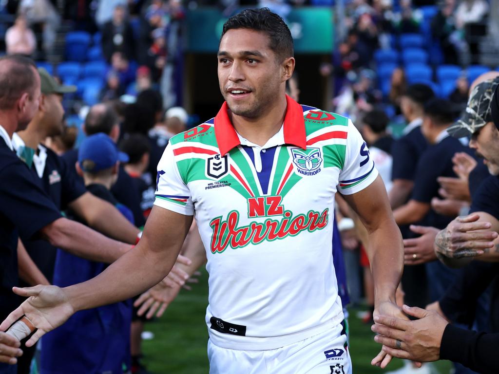 Te Maire Martin of the Warriors runs out to warm up ahead of the round 17 NRL match between New Zealand Warriors and Brisbane Broncos at Go Media Stadium Mt Smart, on June 29, 2024, in Auckland, New Zealand. (Photo by Hannah Peters/Getty Images)