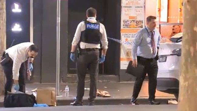 Four seriously injured after spate of random stabbing attacks in Melbourne One of the victims was attacked outside a burger store on King Street in Melbourne CBD. Picture: 9NEWS