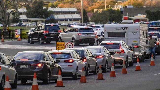 People are line up in their cars for Covid testing at Victoria Park on Tuesday morning. Picture Roy VanDerVegt