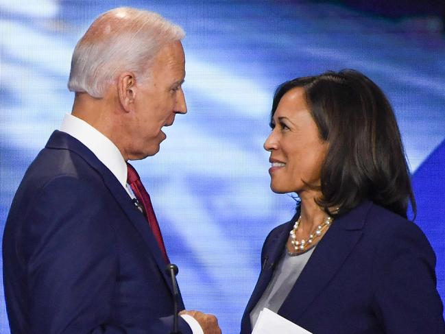 Former Vice President Joe Biden and Senator Kamala Harris speak on September 12, 2019, in Houston, Texas, after the third Democratic primary debate of the 2020 presidential campaign season hosted by ABC News in partnership with Univision at Texas Southern University in Houston, Texas. - Biden named Harris, a high-profile black senator from California, as his vice presidential choice on August 11, 2020, capping a months-long search for a Democratic partner to challenge President Donald Trump in November. (Photo by Robyn Beck / AFP)