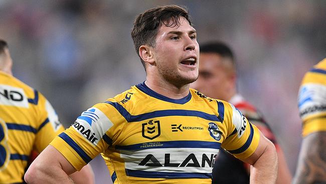 Mitch Moses of the Eels reacts following a Roosters try during the Round 6 NRL match between the Sydney Roosters and the Parramatta Eels at Bankwest Stadium in Sydney, Saturday June 20, 2020. (AAP Image/Dan Himbrechts) NO ARCHIVING, EDITORIAL USE ONLY