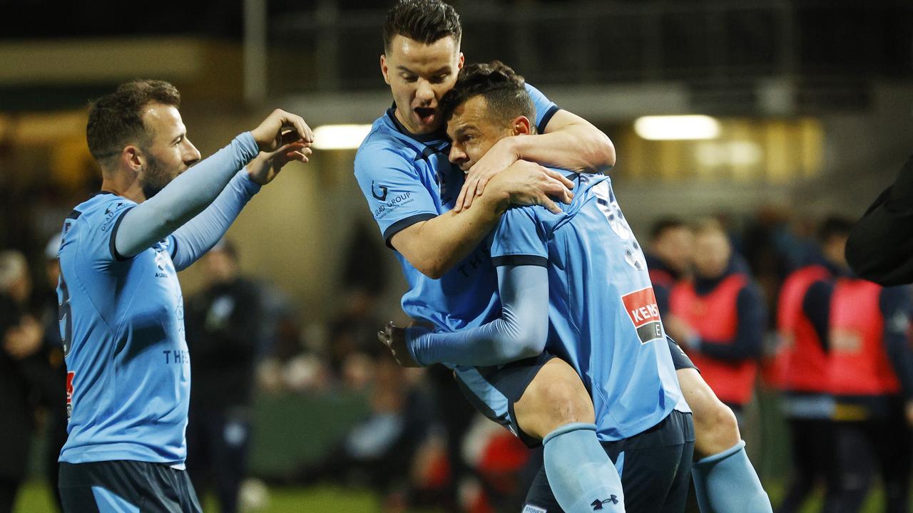 Bobo celebrates a goal with teammates during the A-League semi-final against Adelaide United. Picture: Getty Images