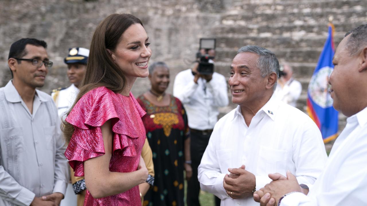 Catherine, Duchess of Cambridge speaks with Prime Minister of Belize Johnny Briceno. Picture: Jane Barlow/Getty Images