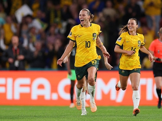 Emily van Egmond’s joy after scoring against Nigeria was short-lived. Picture: Elsa – FIFA/FIFA via Getty Images