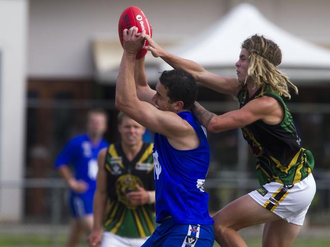 Nepean FL: Hastings v Dromana at Thomas Barclay Oval Hastings.Paul Rogasch from Hastings Kyle Busuttil-Inglis from DromanaPicture: Richard Serong