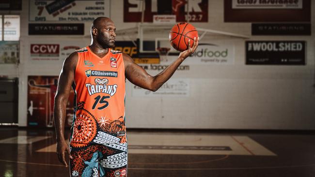 Nate Jawai in Cairns’ indigenous uniform from earlier this season. He has been nominated for the NBL’s Best Sixth Man award