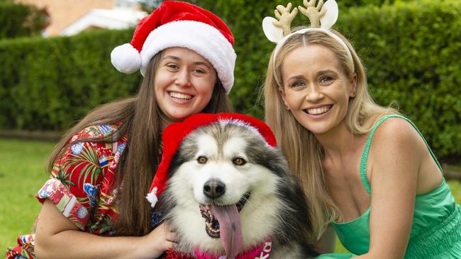 FESTIVE FAMILY: Chloe Koch and mum Tammy Koch with three-year-old Alaskan malamute Mishka during Christmas Day celebrations in Laurel Bank Park. Picture: Kevin Farmer