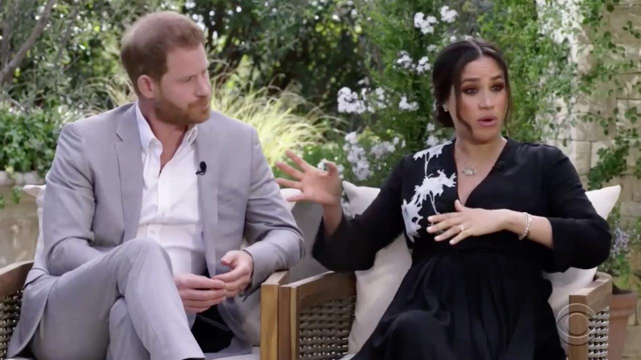 Harry and Meghan during their interview with Oprah Winfrey. Picture: CBS