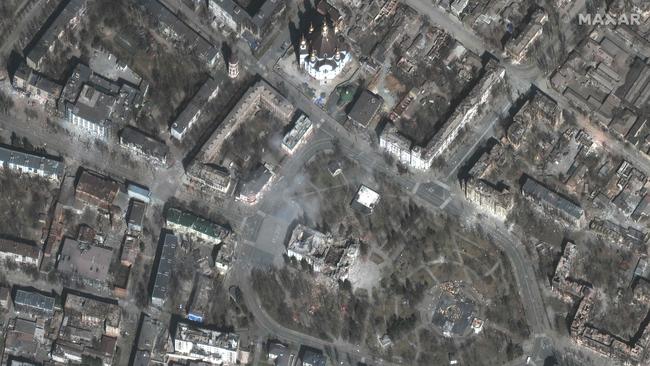 Satellite image shows extensive damage to the Mariupol theatre and nearby buildings on March 29. Picture: Maxar Technologies via AFP