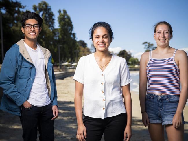 Successful Tasmanian students, from left, Isaiah Sadiq, from The Friends’ School, Harshika Herath, from Elizabeth College, and Talia Hawkes, from Hobart College. Picture: RICHARD JUPE