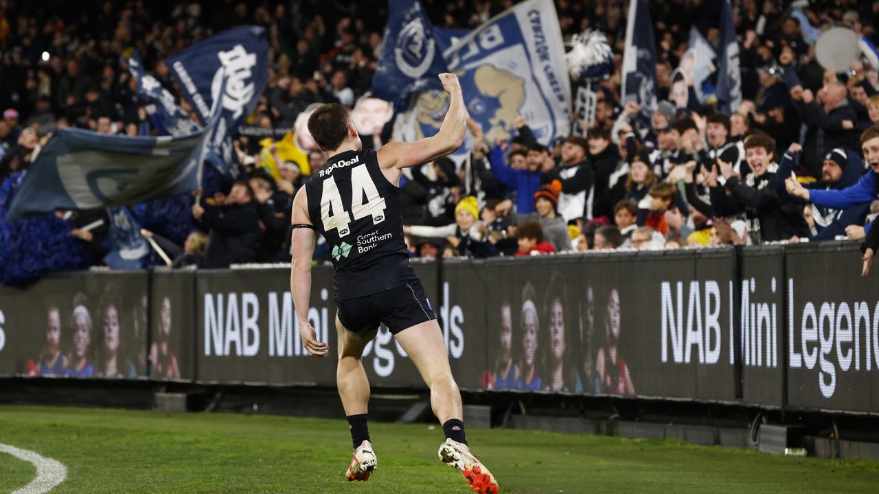 Matt Owies celebrates a goal against the Demons. Picture: Daniel Pockett/Getty Images