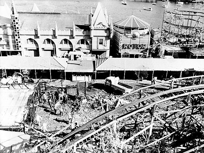 An aerial view of the damage following the fire on the Ghost Train ride at Luna Park in 1979.